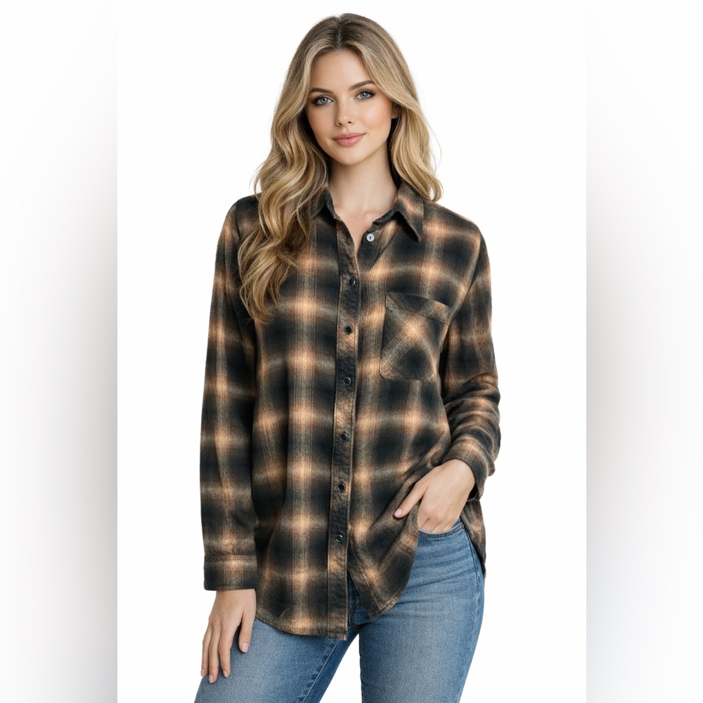Gilded Intent Plaid Flannel Shirt XS Brown Black Button Down Buckle